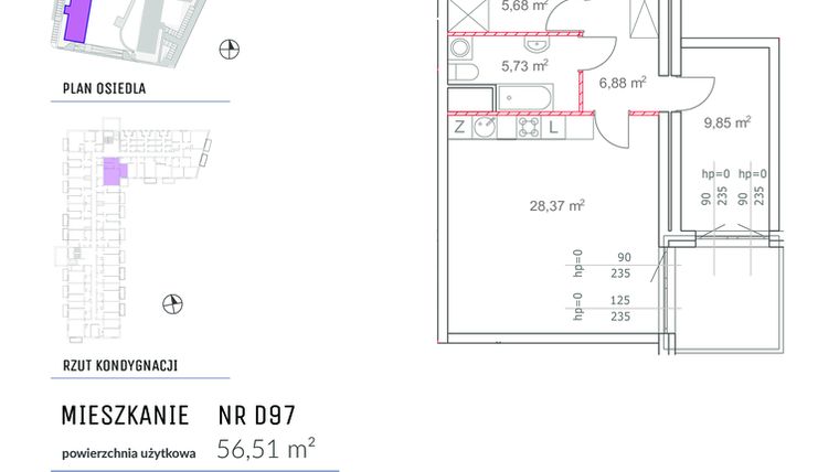 Rzut - Mieszkanie na sprzedaż 2 pokoje o powierzchni 56,51 m² - numer D97 w Osiedle Impresja 2