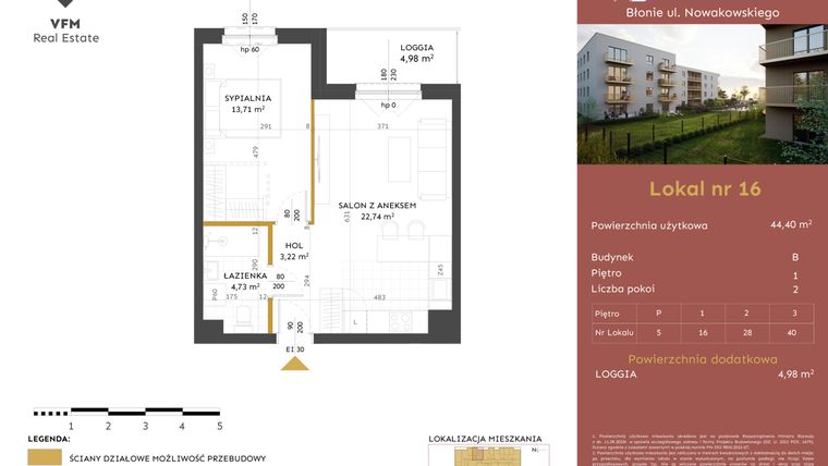 Rzut - Mieszkanie na sprzedaż 2 pokoje o powierzchni 44,4 m² - numer 16 w Stacja Błonie etap II