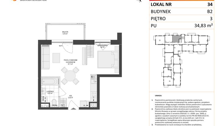 Rzut - Mieszkanie na sprzedaż 1 pokój o powierzchni 34,83 m² - numer 34 w Locus 2 bud. B2