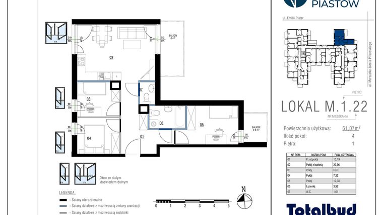 Rzut - Mieszkanie na sprzedaż 4 pokoje o powierzchni 61,07 m² - numer M.1.22 w Viva Piastów