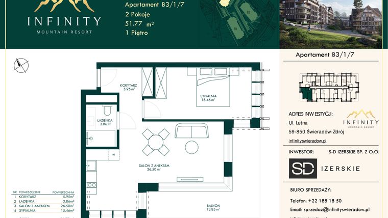 Rzut - Mieszkanie na sprzedaż 2 pokoje o powierzchni 51,77 m² - numer B3.1.7 w Infinity Mountain Resort
