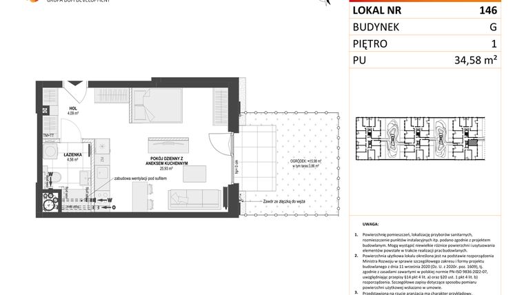 Rzut - Mieszkanie na sprzedaż 1 pokój o powierzchni 34,58 m² - numer G.146 w DOKI Living etap II