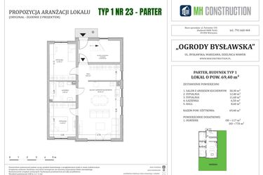 Rzut - Mieszkanie na sprzedaż 3 pokoje o powierzchni 69,4 m² - numer 23.1.0 w Ogrody Bysławska