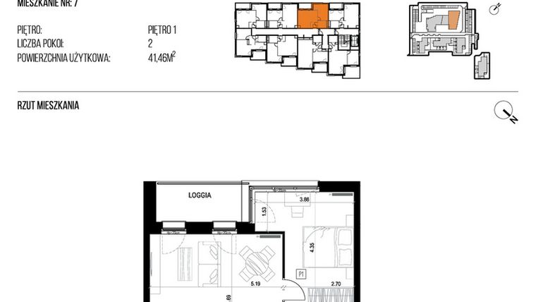Rzut - Mieszkanie na sprzedaż 2 pokoje o powierzchni 41,46 m² - numer 22K/07 w NATURAMA II