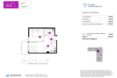 Rzut - Mieszkanie na sprzedaż 1 pokój o powierzchni 40,16 m² - numer 2.A.1.10 w Murapol Osiedle Szafirove II