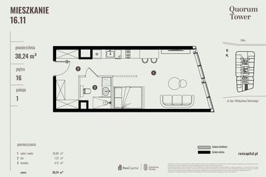 Rzut - Mieszkanie na sprzedaż 1 pokój o powierzchni 38,39 m² - numer 16.11 w Quorum Tower