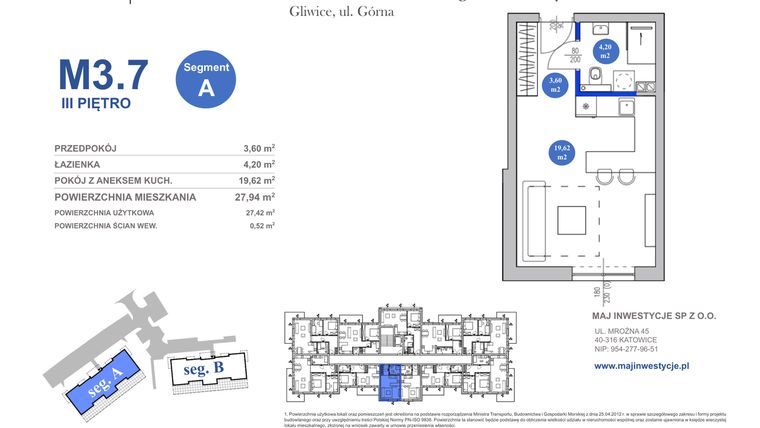 Rzut - Mieszkanie na sprzedaż 1 pokój o powierzchni 27,94 m² - numer M3.7 w Osiedle Majowe 2.0 etap II