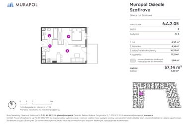 Rzut - Mieszkanie na sprzedaż 2 pokoje o powierzchni 37,14 m² - numer 6.A.2.05 w Murapol Osiedle Szafirove
