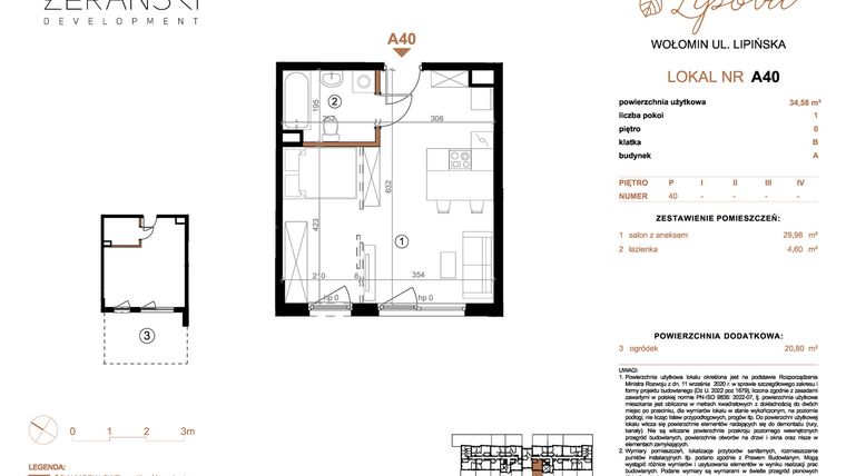 Rzut - Mieszkanie na sprzedaż 1 pokój o powierzchni 34,58 m² - numer A40 w LIPOVA