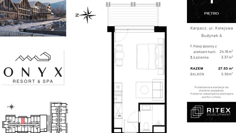 Rzut - Mieszkanie na sprzedaż 1 pokój o powierzchni 27,66 m² - numer NR 01.A15 w Onyx Resort & Spa