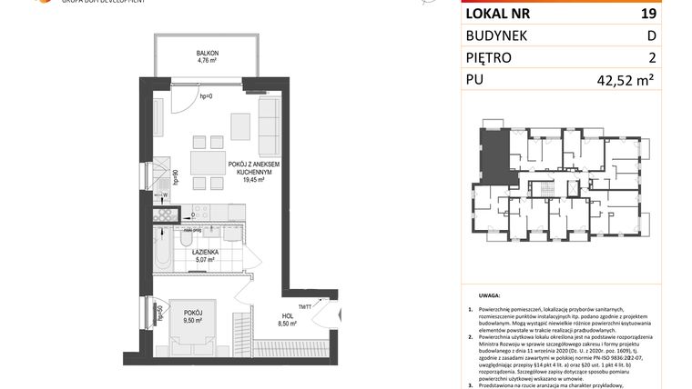 Rzut - Mieszkanie na sprzedaż 2 pokoje o powierzchni 42,52 m² - numer D.19 w Osiedle Warszawska etap II