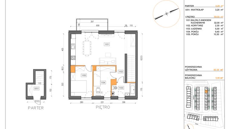 Rzut - Mieszkanie na sprzedaż 3 pokoje o powierzchni 62,2 m² - numer 15A w Małe Wilczyce etap 9