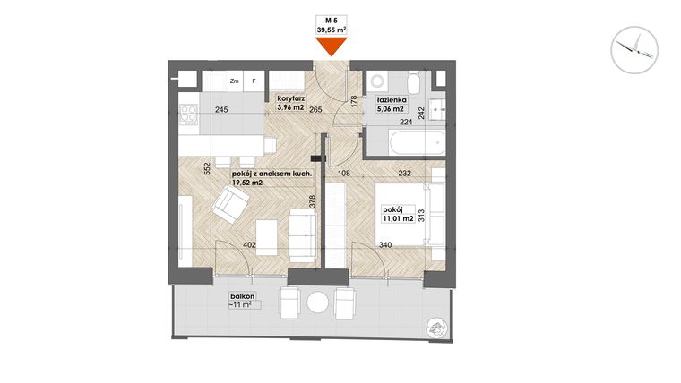Rzut - Mieszkanie na sprzedaż 2 pokoje o powierzchni 39,55 m² - numer 5 w Apartamenty Śródmieście