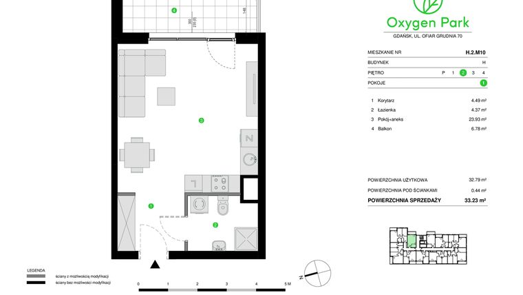 Rzut - Mieszkanie na sprzedaż 1 pokój o powierzchni 33,23 m² - numer H.2.M10 w Oxygen Park etap III