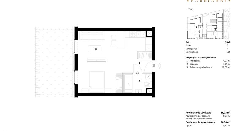 Rzut - Mieszkanie na sprzedaż 1 pokój o powierzchni 36,94 m² - numer 1.08 w Stara Farbiarnia
