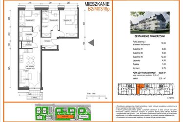 Rzut - Mieszkanie na sprzedaż 3 pokoje o powierzchni 62,3 m² - numer B2/M03/3P w Zielony Brochów 7