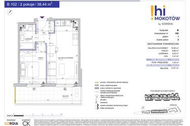 Rzut - Mieszkanie na sprzedaż 2 pokoje o powierzchni 38,44 m² - numer A1.B.102 w Hi Mokotów