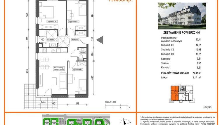 Rzut - Mieszkanie na sprzedaż 4 pokoje o powierzchni 65,9 m² - numer A1/M03/2P w Zielony Brochów 7 - etap A