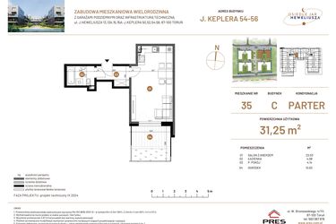 Rzut - Mieszkanie na sprzedaż 1 pokój o powierzchni 31,25 m² - numer JAR-III-C-LM-M35 w Osiedle JAR Heweliusza etap III