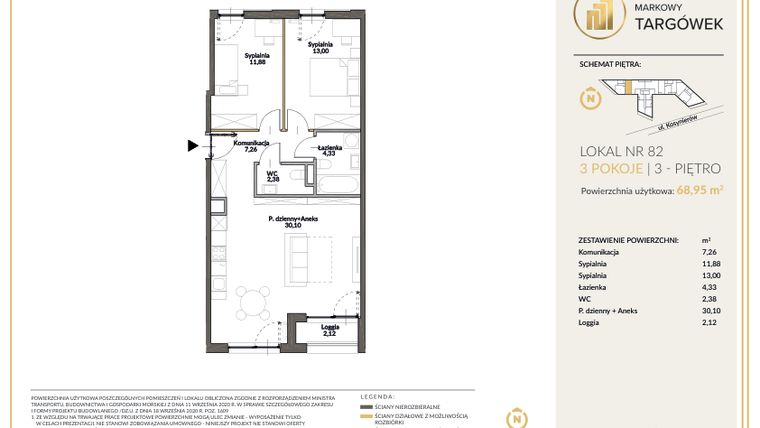 Rzut - Mieszkanie na sprzedaż 3 pokoje o powierzchni 68,76 m² - numer 82 w Markowy Targówek