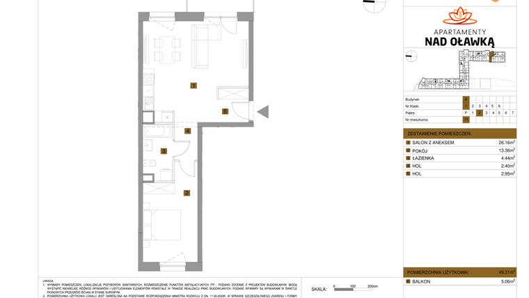 Rzut - Mieszkanie na sprzedaż 2 pokoje o powierzchni 49,31 m² - numer 11 w Apartamenty nad Oławką etap II