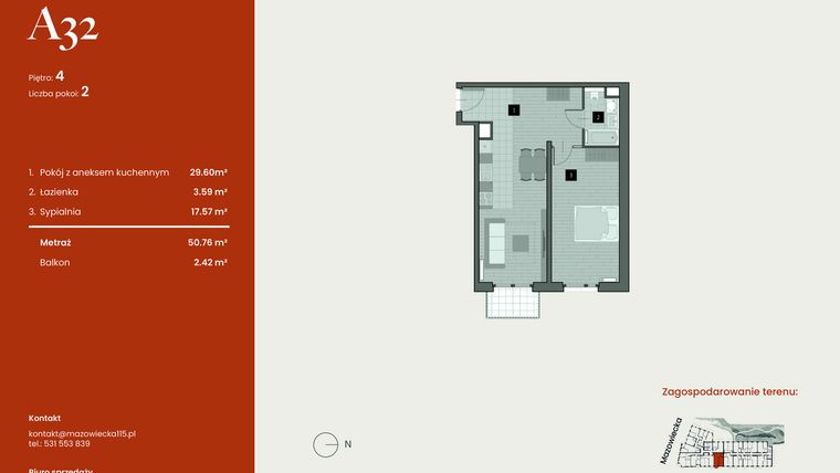 Rzut - Mieszkanie na sprzedaż 2 pokoje o powierzchni 50,76 m² - numer A32 w Mazowiecka 115