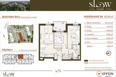 Rzut - Mieszkanie na sprzedaż 3 pokoje o powierzchni 55,06 m² - numer B4.2.26 w Osiedle SLOW