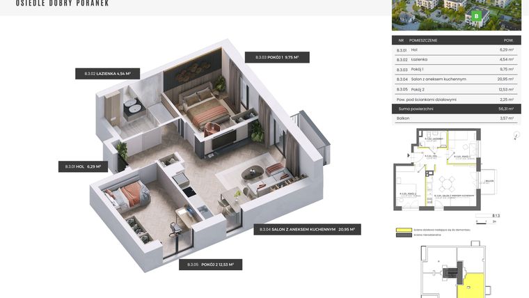 Rzut - Mieszkanie na sprzedaż 3 pokoje o powierzchni 56,31 m² - numer B.1.3 w Dobry Poranek