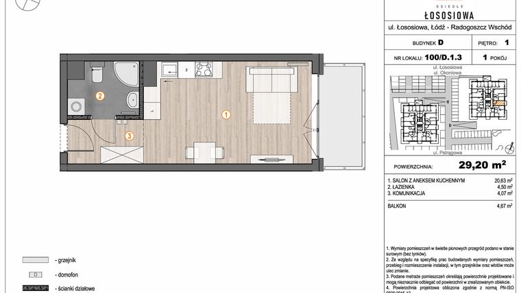 Rzut - Mieszkanie na sprzedaż 1 pokój o powierzchni 29,2 m² - numer 100 - D1.3 w Osiedle Łososiowa