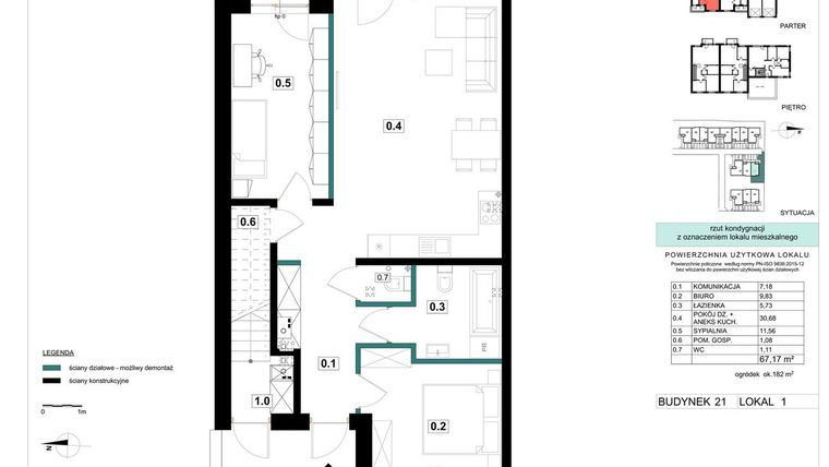Rzut - Mieszkanie na sprzedaż 3 pokoje o powierzchni 67,17 m² - numer 21-1 w Błonie Bosco