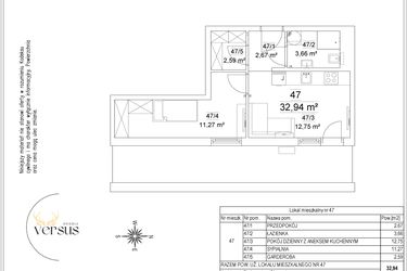 Rzut - Mieszkanie na sprzedaż 2 pokoje o powierzchni 32,94 m² - numer 21/47 w Osiedle Versus etap II