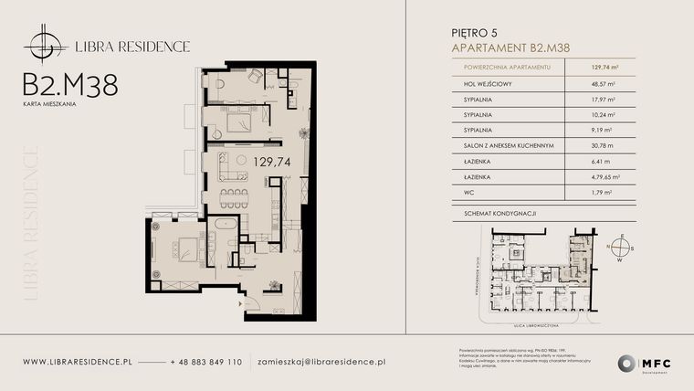 Rzut - Mieszkanie na sprzedaż 4 pokoje o powierzchni 129,74 m² - numer B2.M38 w Libra Residence