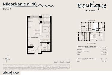 Rzut - Mieszkanie na sprzedaż 2 pokoje o powierzchni 40,78 m² - numer 16 w Boutique NIEMCZ
