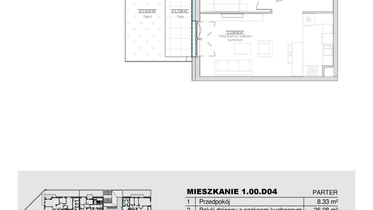 Rzut - Mieszkanie na sprzedaż 2 pokoje o powierzchni 52,05 m² - numer 1.00.D04 w Ogrody Andersa III