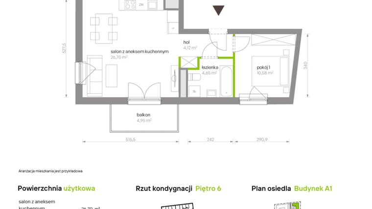 Rzut - Mieszkanie na sprzedaż 2 pokoje o powierzchni 46,05 m² - numer A1.6A33 w Bemowo Vita