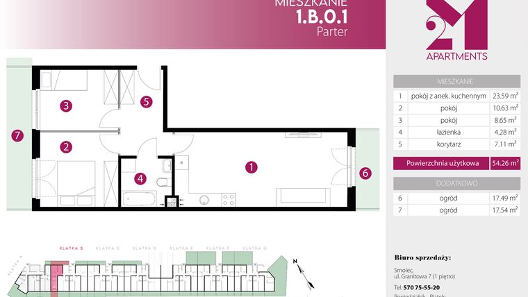 Rzut - Mieszkanie na sprzedaż 3 pokoje o powierzchni 54,26 m² - numer 1.B.0.1 w 2M Apartments etap IV