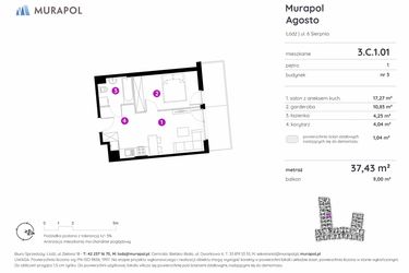Rzut - Mieszkanie na sprzedaż 1 pokój o powierzchni 37,43 m² - numer 3.C.1.01 w Murapol Agosto