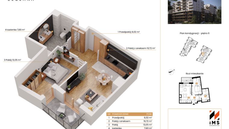 Rzut - Mieszkanie na sprzedaż 2 pokoje o powierzchni 46,59 m² - numer A.6.9 w Rondo Ceglana etap II