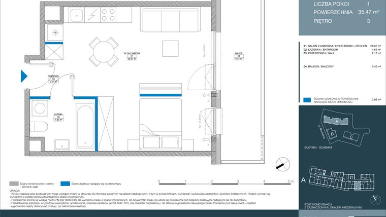 Rzut - Mieszkanie na sprzedaż 1 pokój o powierzchni 35,47 m² - numer A.2.4.3 w Meri Apartamenty