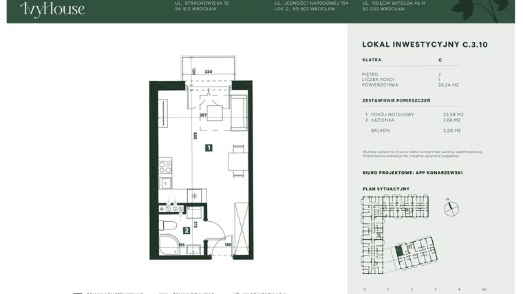 Rzut - Mieszkanie na sprzedaż 1 pokój o powierzchni 26,24 m² - numer C.3.10 w IVY HOUSE - Apartamenty inwestycyjne