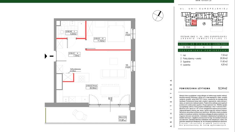 Rzut - Mieszkanie na sprzedaż 2 pokoje o powierzchni 52,34 m² - numer D156 w Grunwald Między Drzewami etap III