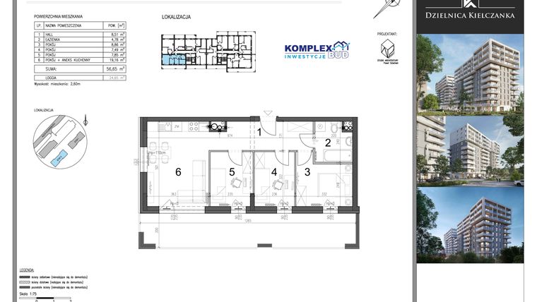 Rzut - Mieszkanie na sprzedaż 4 pokoje o powierzchni 56,65 m² - numer 36 w Dzielnica Kielczanka etap II