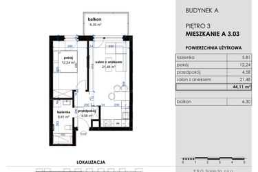 Rzut - Mieszkanie na sprzedaż 2 pokoje o powierzchni 44,11 m² - numer A 3.03 w Osiedle Kwiatowe