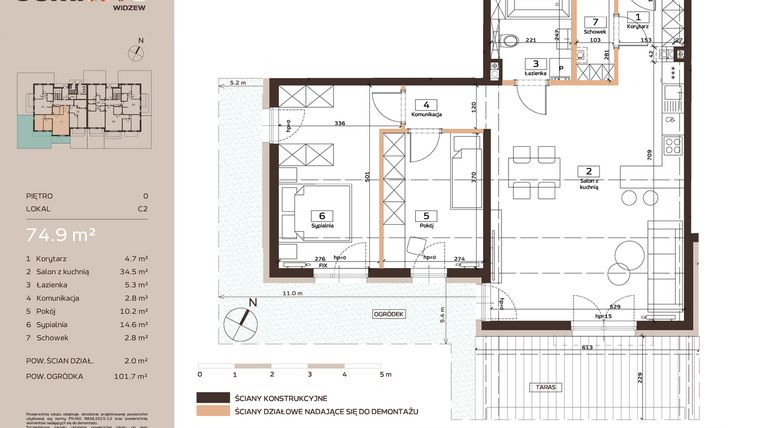 Rzut - Mieszkanie na sprzedaż 3 pokoje o powierzchni 75,4 m² - numer C2 w Domkove Widzew