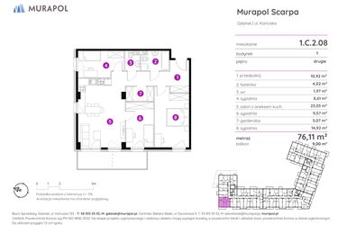 Rzut - Mieszkanie na sprzedaż 4 pokoje o powierzchni 76,11 m² - numer 1.C.2.08 w Murapol Scarpa