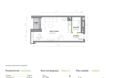 Rzut - Mieszkanie na sprzedaż 1 pokój o powierzchni 32,92 m² - numer K1/3/23 w Piękna Vita