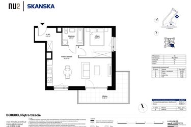 Rzut - Mieszkanie na sprzedaż 2 pokoje o powierzchni 46 m² - numer BC0303 w NU2 Warszawa Wola
