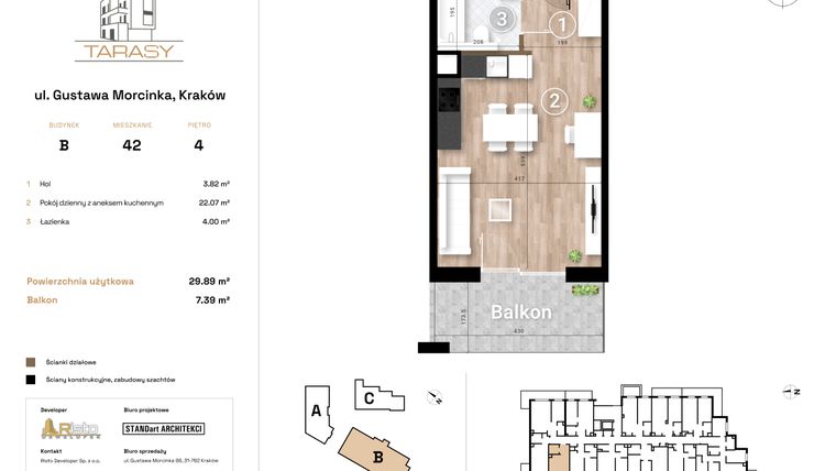 Rzut - Mieszkanie na sprzedaż 1 pokój o powierzchni 29,89 m² - numer B42 w Krzesławickie Tarasy