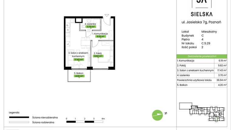 Rzut - Mieszkanie na sprzedaż 2 pokoje o powierzchni 36,94 m² - numer C.5.29 w JA_SIELSKA V