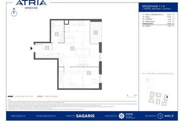 Rzut - Mieszkanie na sprzedaż 2 pokoje o powierzchni 49 m² - numer 1.1.9 w Atria Nowe Żerniki
